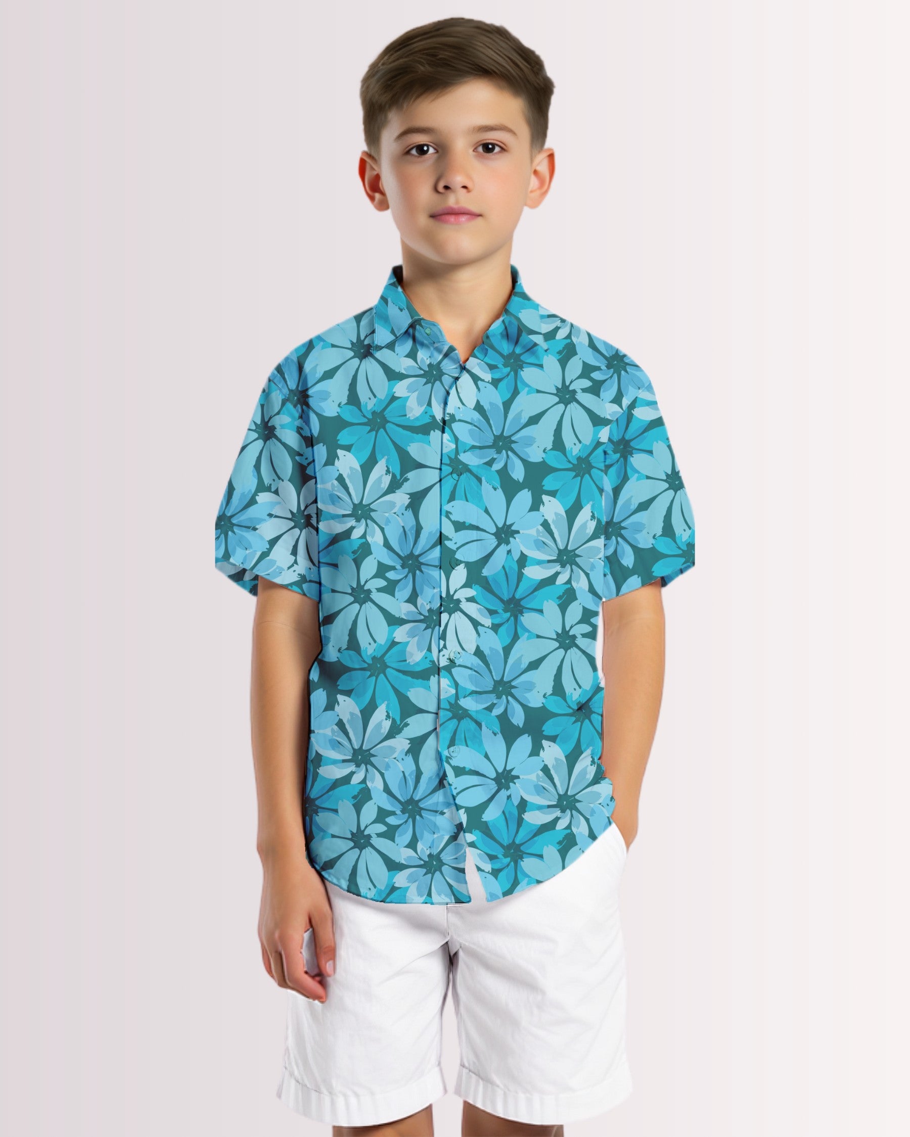 Youth Hawaiian Shirt - Tropical Blue Floral I