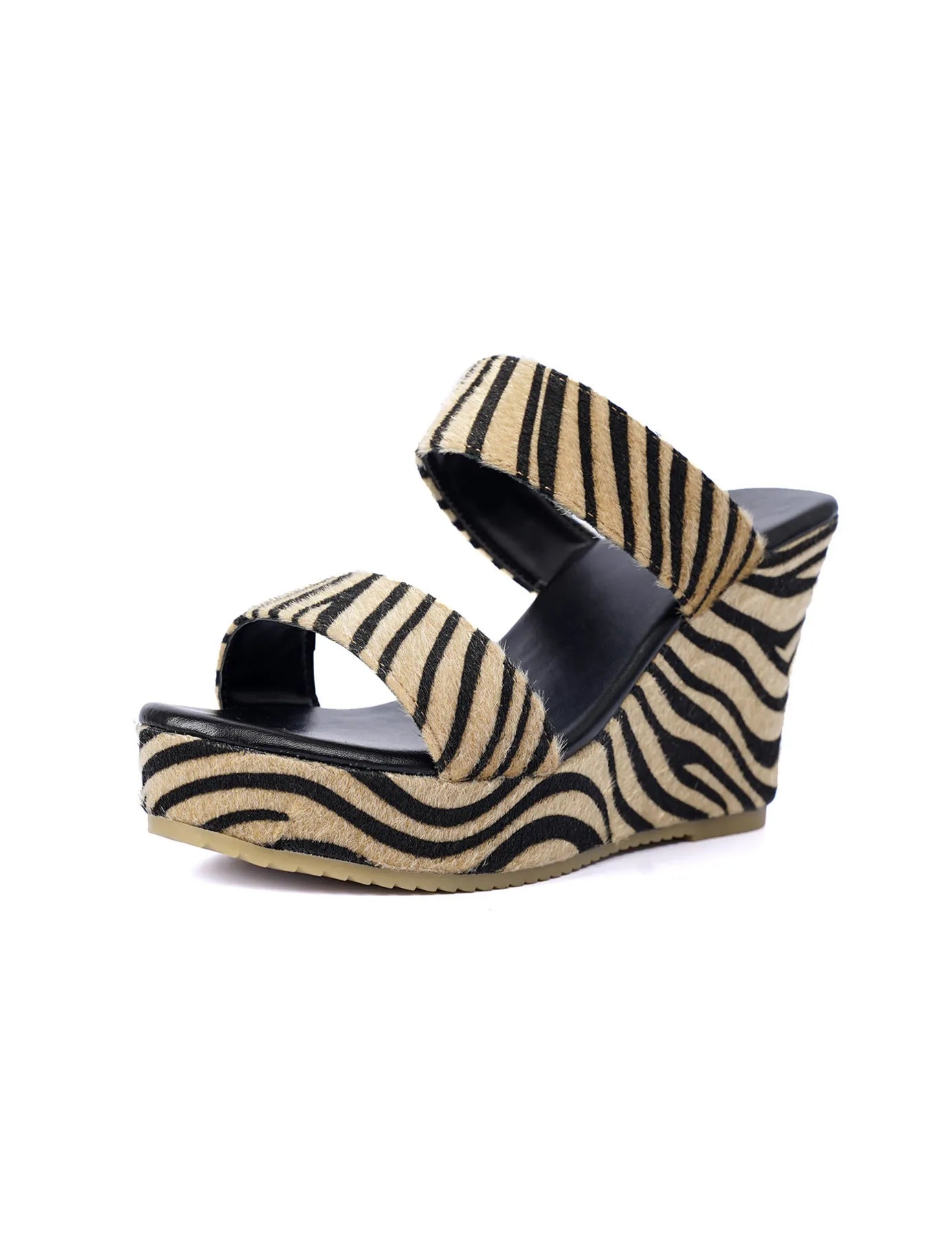 Zebra print high heel platform wedge sandals.