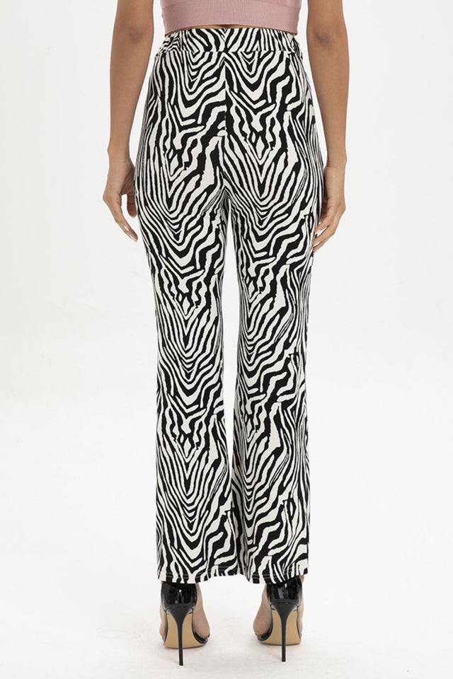 Zebra print straight leg pants, moderate stretch.