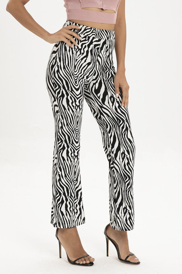 Zebra print straight leg pants, moderate stretch.