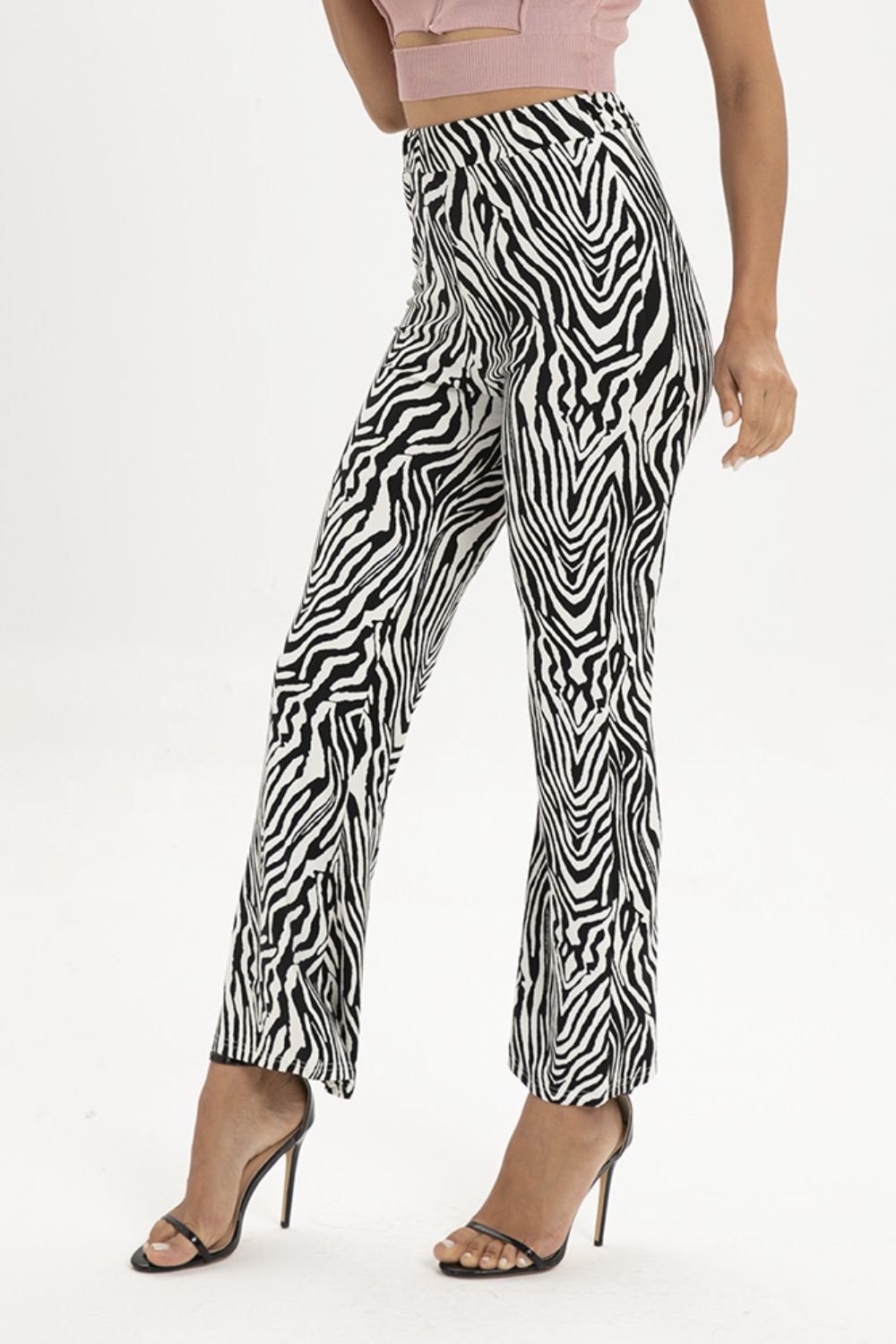 Zebra print straight leg pants, moderate stretch.