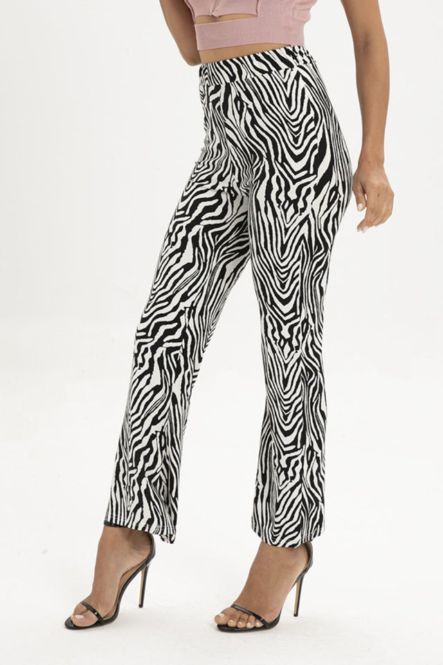 Zebra print straight leg pants, moderate stretch.