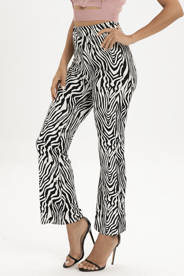 Zebra print straight leg pants, moderate stretch.