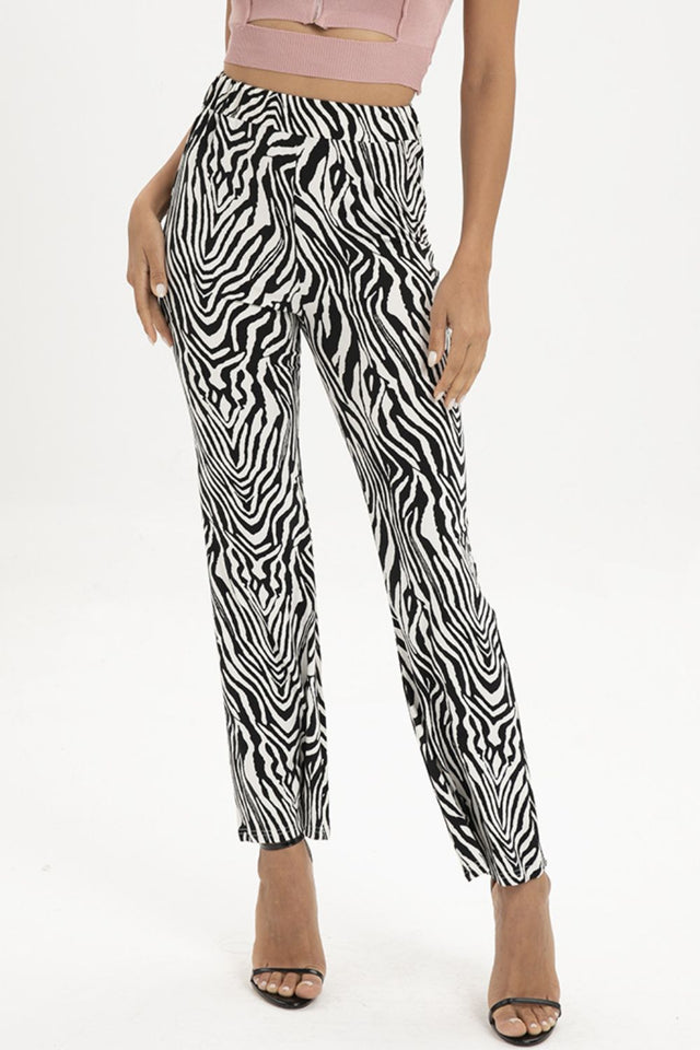 Zebra print straight leg pants, moderate stretch.