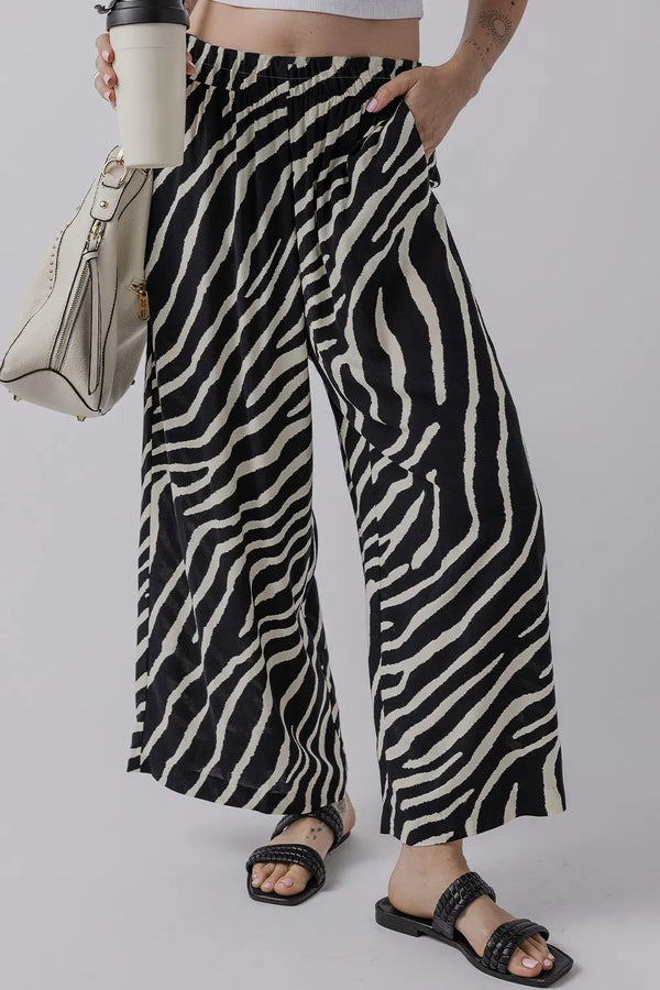 Zebra striped summer wide leg pants with pockets.
