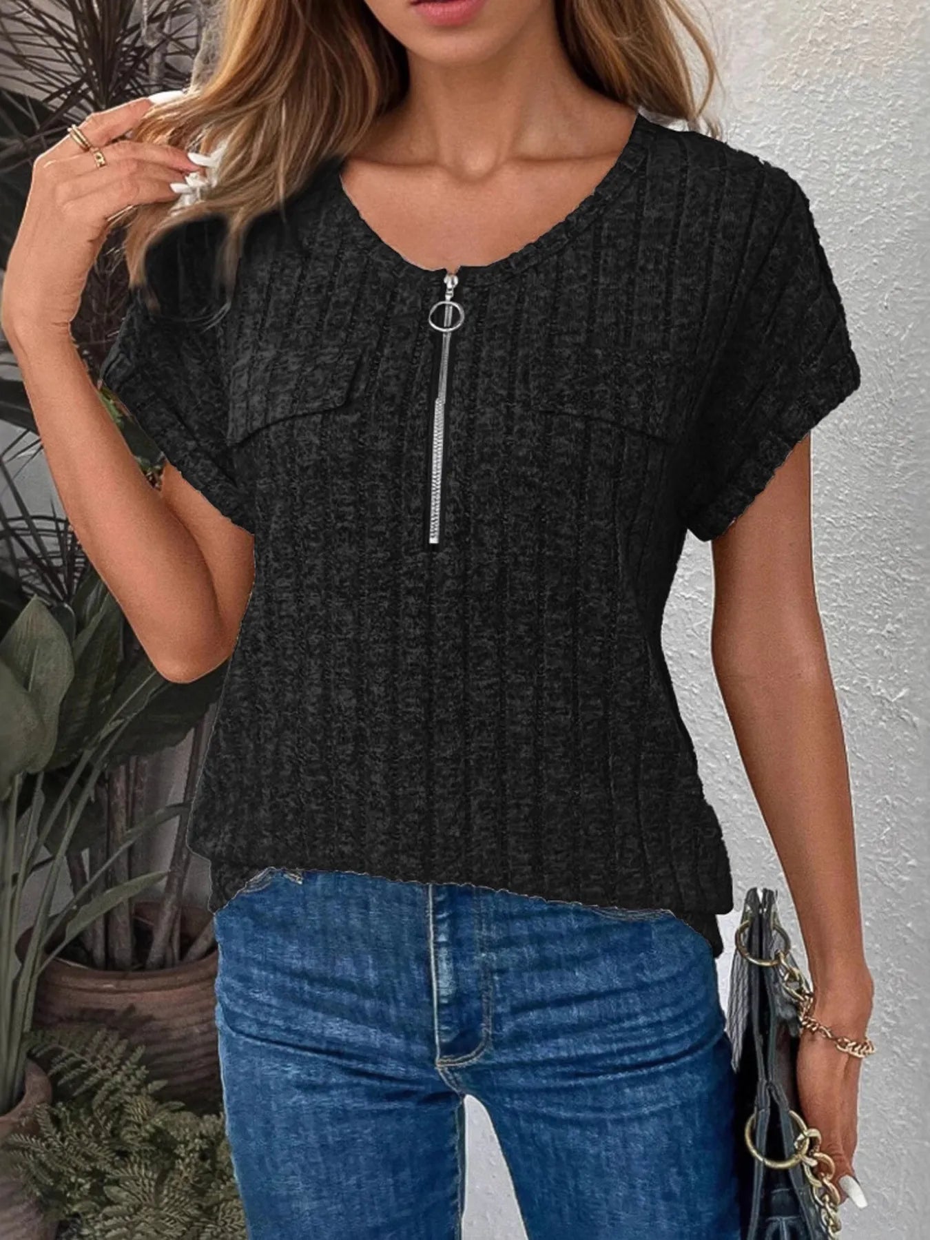 Umgee Embroidered Tie Front Peplum Blouse.