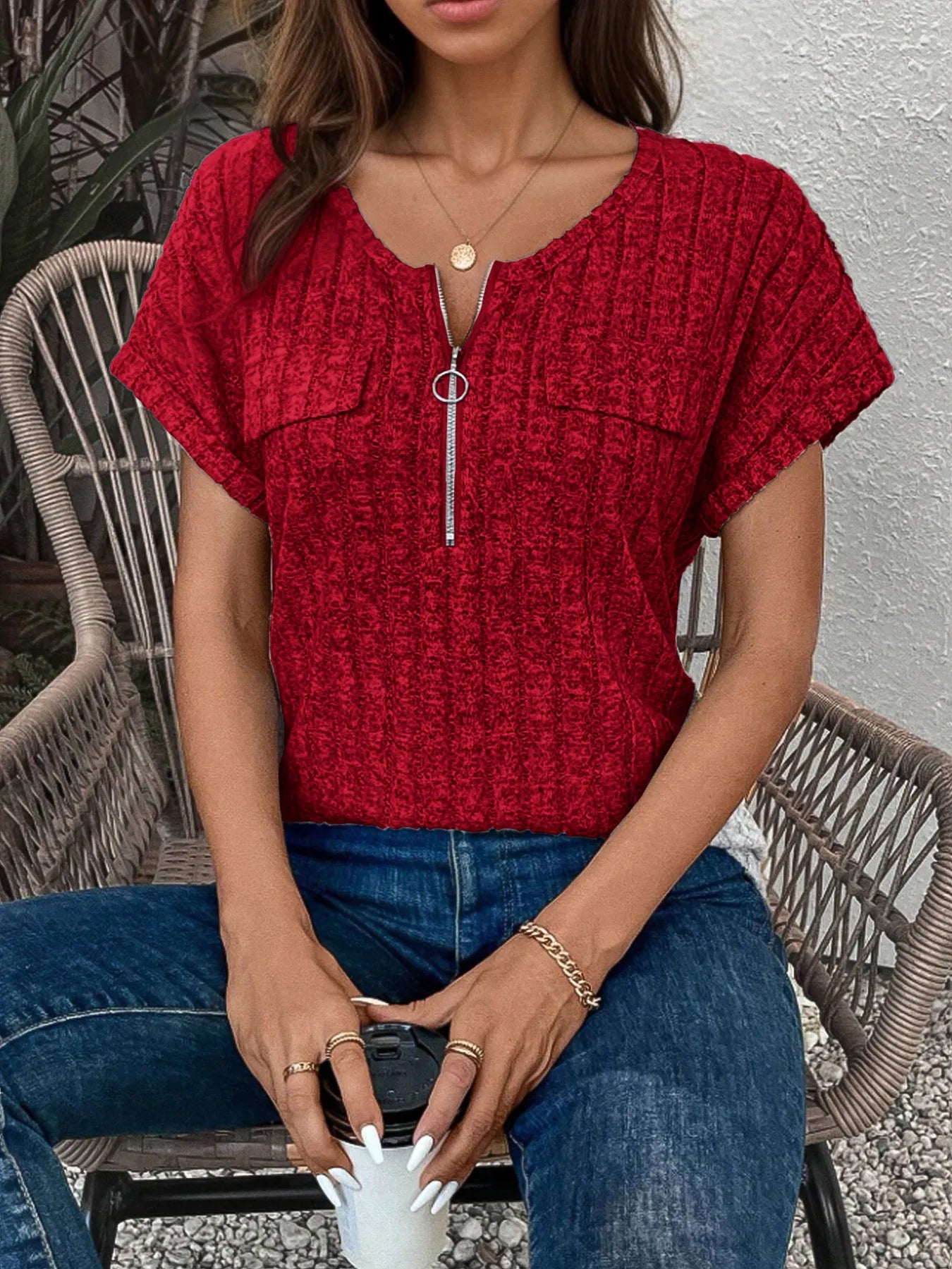 Umgee Embroidered Tie Front Peplum Blouse.