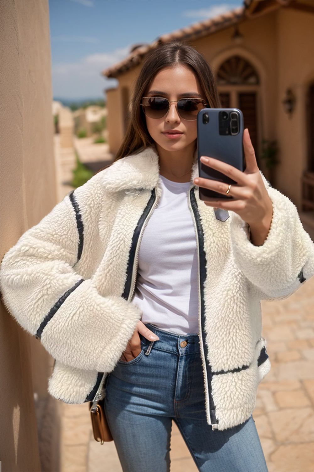 Zip up long sleeve sherpa jacket with pockets and lined body.