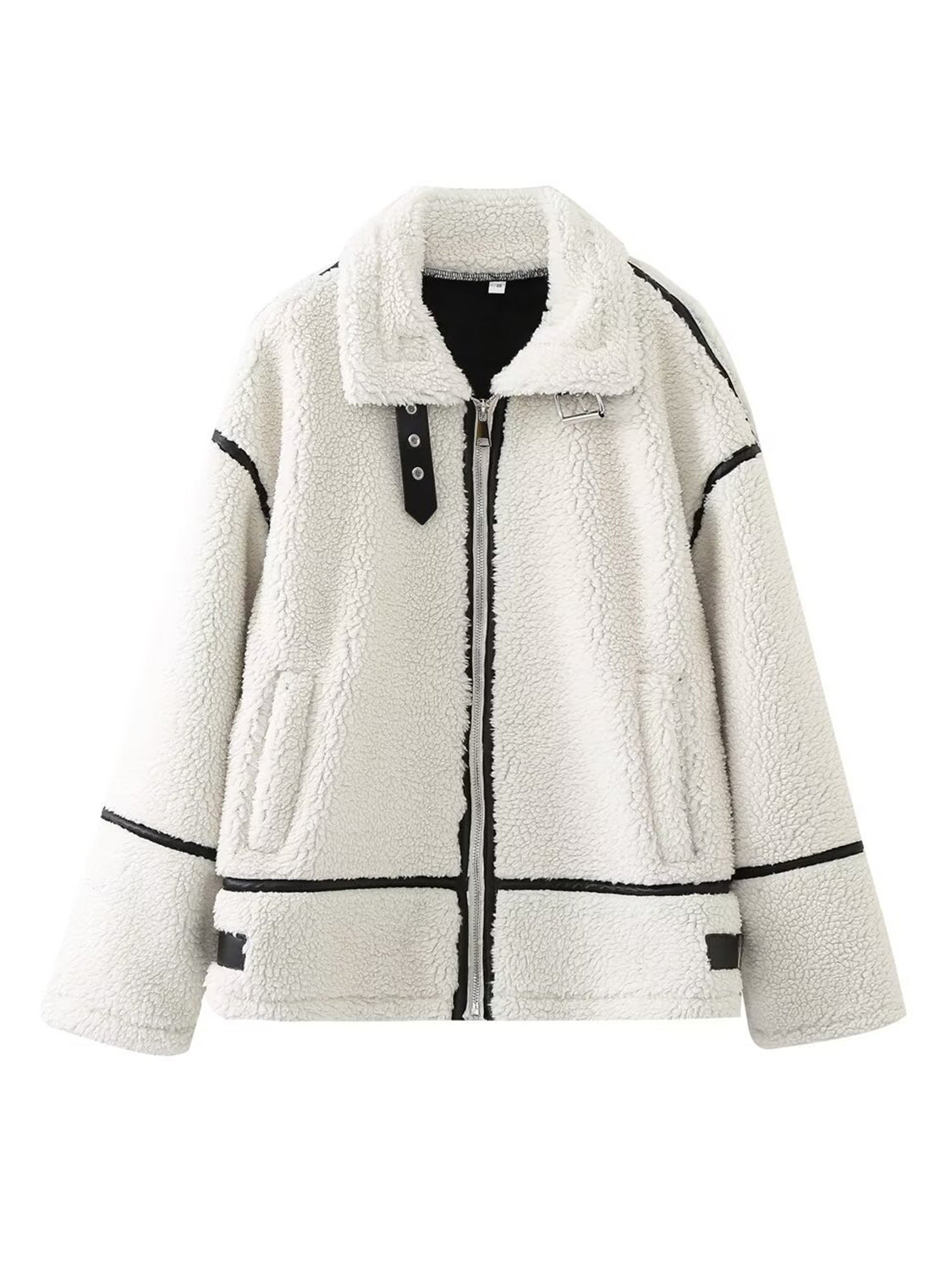 Zip up long sleeve sherpa jacket with pockets and lined body.
