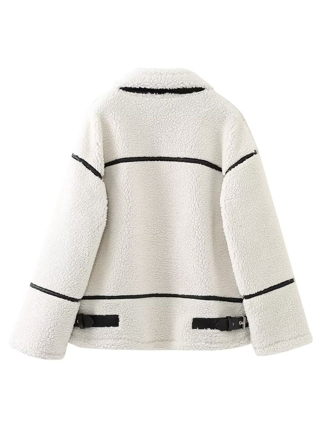 Zip up long sleeve sherpa jacket with pockets and lined body.