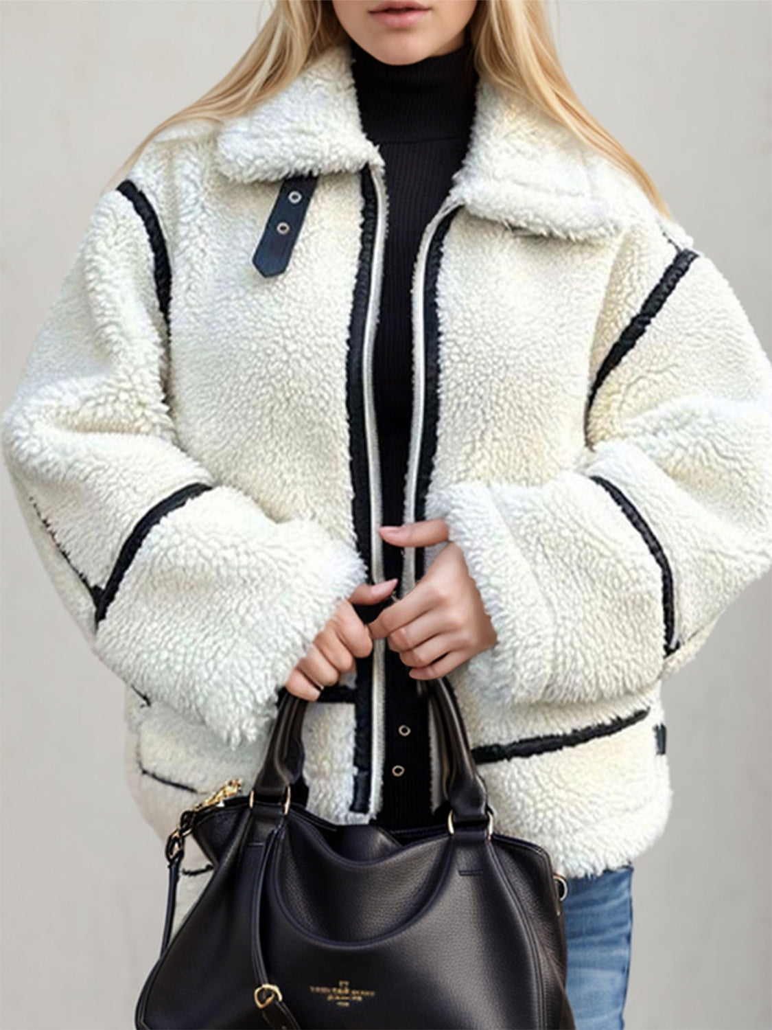 Zip up long sleeve sherpa jacket with pockets and lined body.