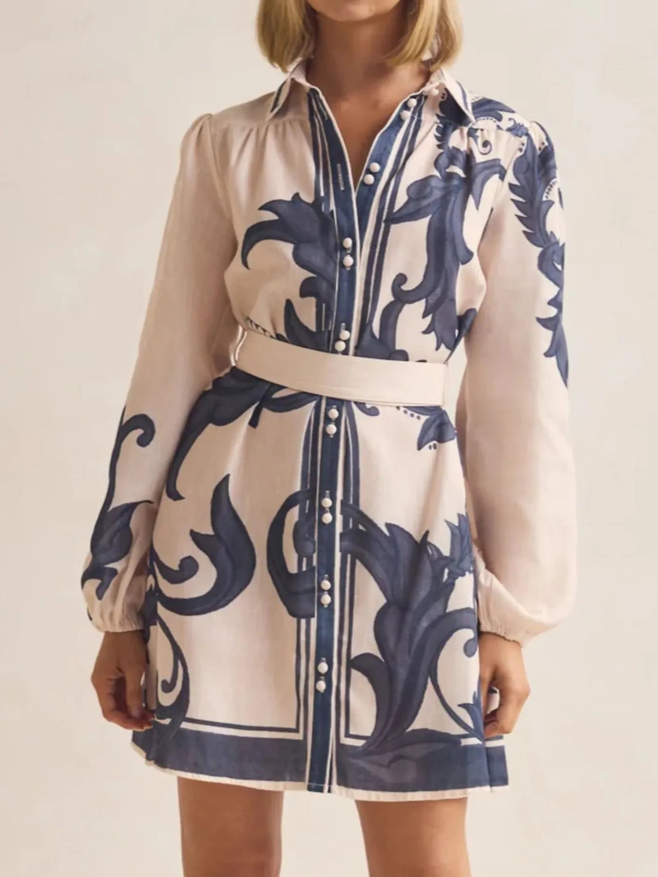 Printed Long Sleeve Shirt Dress with Tied Detail.