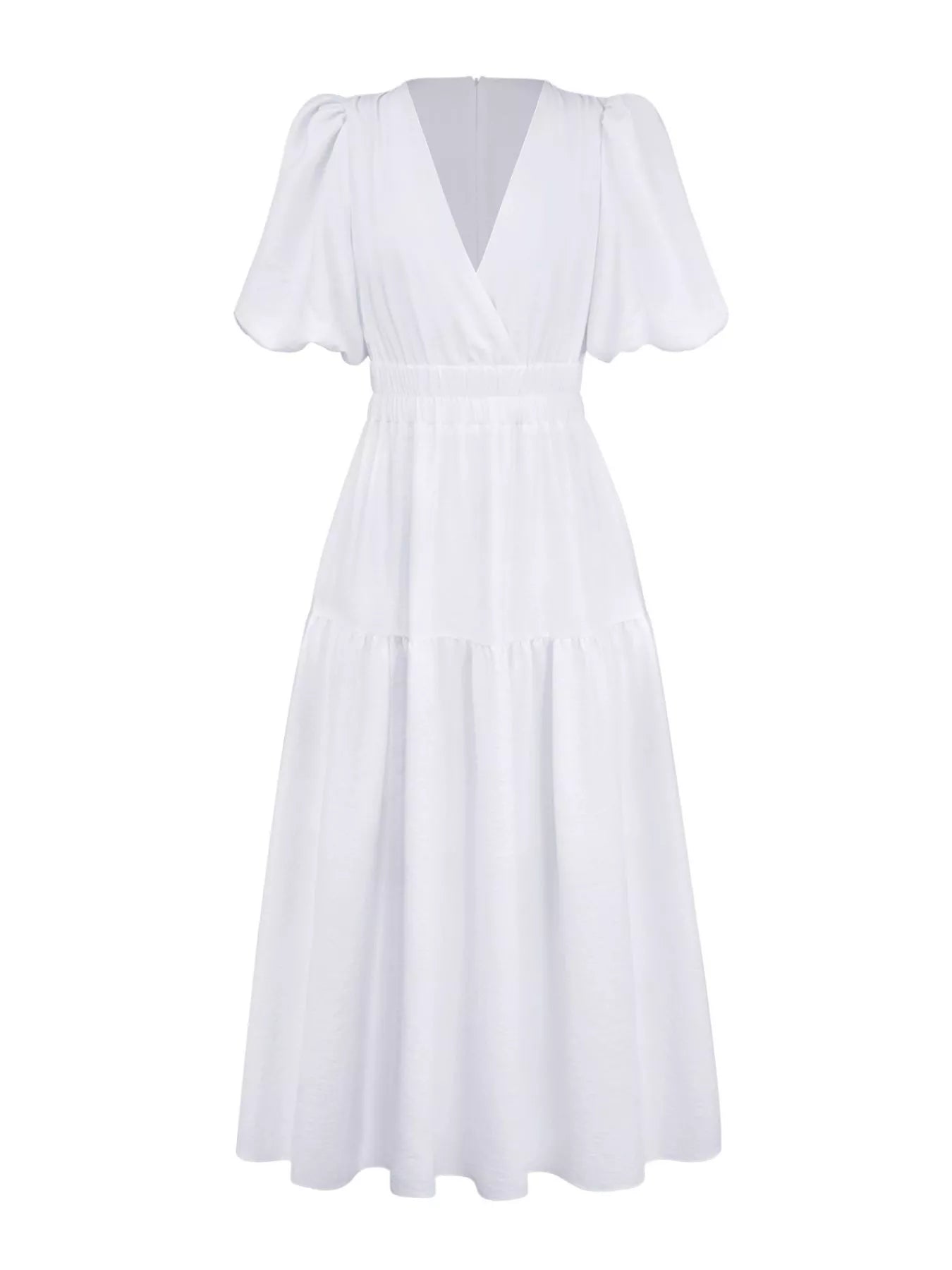 Cream tiered midi dress with a V-neck, smocked waist, and short puff sleeves