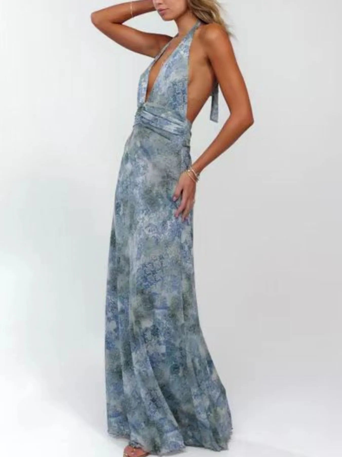 Floral Halter Neck Deep V Maxi Dress - Backless & Ruched.