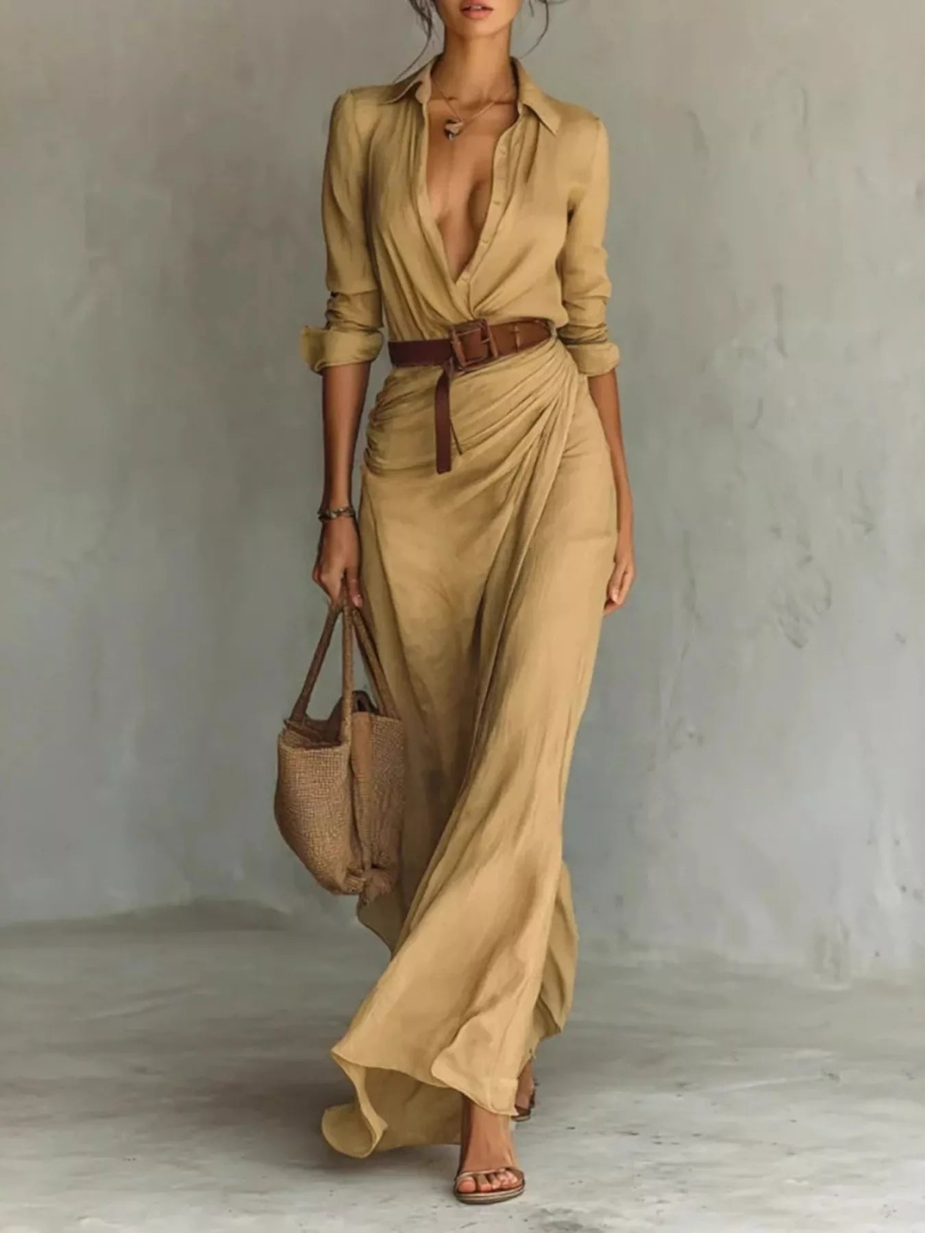 Plus-size khaki, black, white and navy V-neck ruched maxi dress with long sleeves and belt
