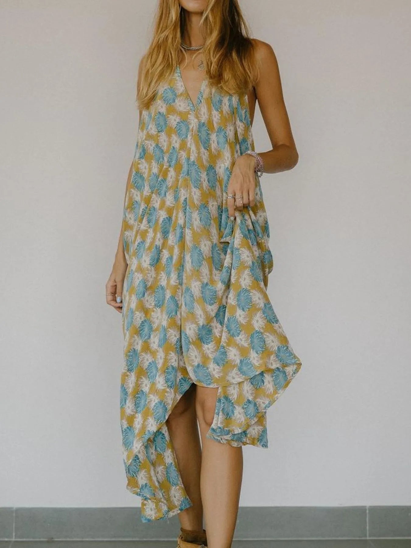 Asymmetrical Hem Printed Halter Neck Dress - Backless.