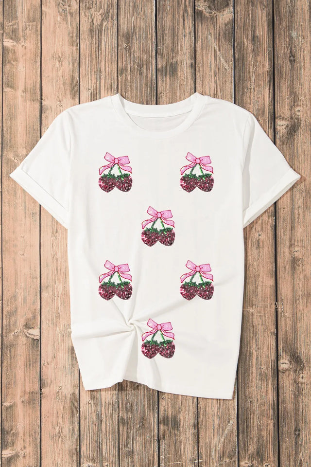 Sequin Cherry Round Neck Short Sleeve T-Shirt