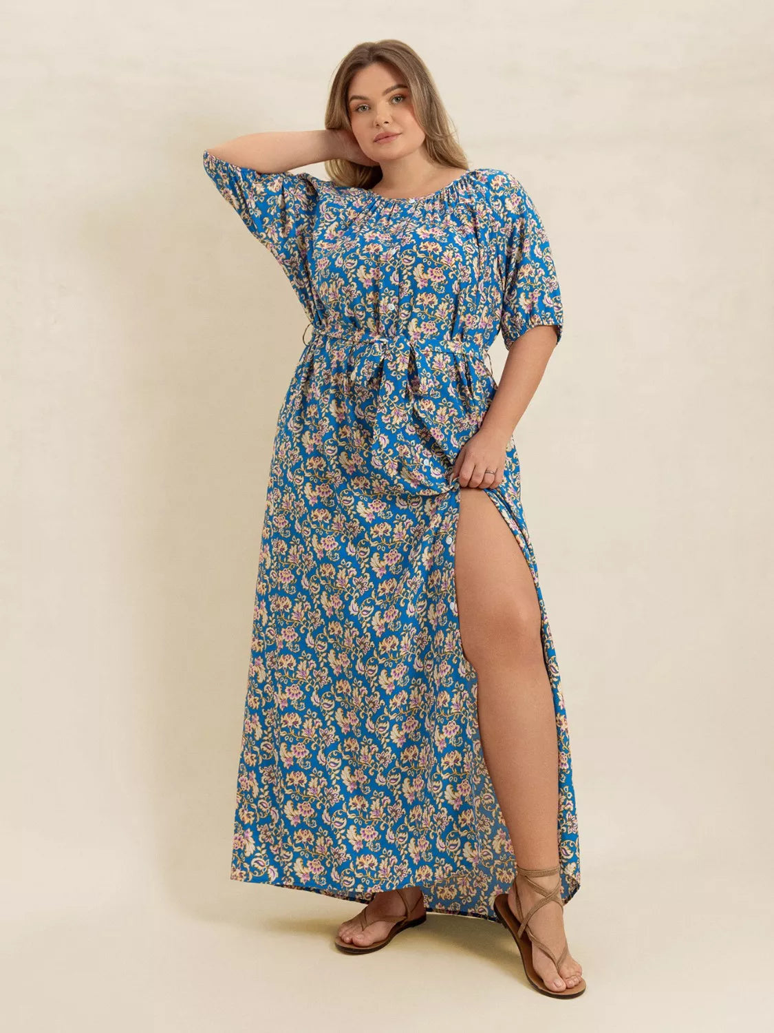 Plus Size Floral Print V-Neck Maxi Dress with Flutter Sleeves - Tiered.