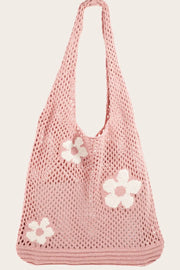 Flower Knitted Mesh Shoulder Bag - Large Pink Crochet Hobo.