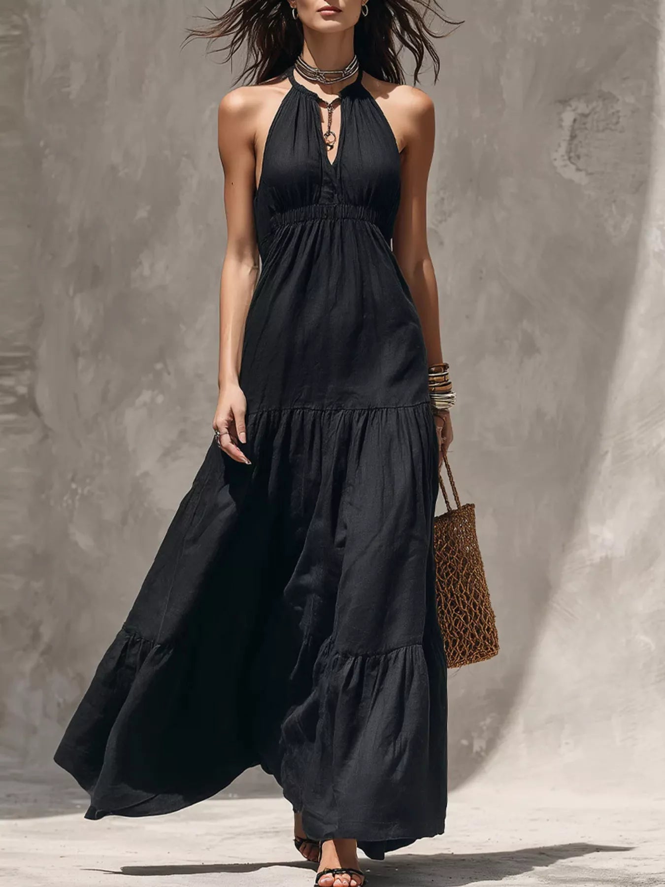 Sleeveless olive green tiered maxi dress with smocked waist and halter neckline