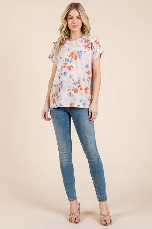 Floral Round Neck RIbbed T-Shirt