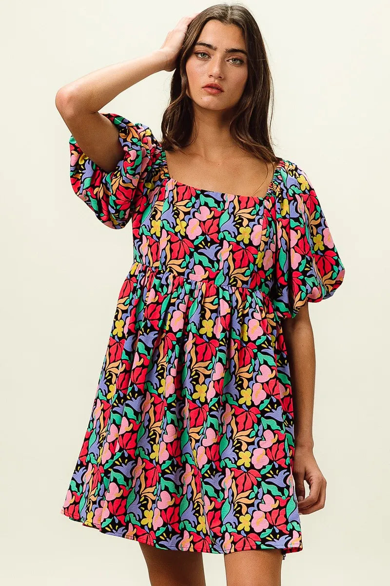 Floral Print Ruffled Hem Dress - Cutout & Tied.