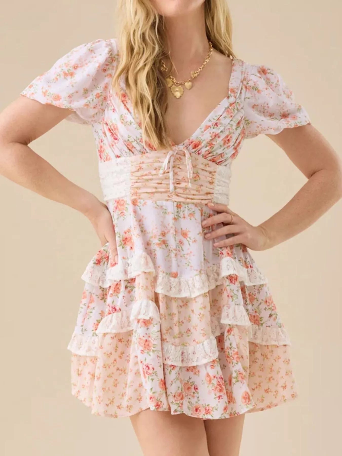 Floral Puff Sleeve V-Neck Mini Dress - Embroidered.
