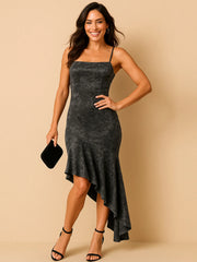 Asymmetrical Velvet Cami Dress with Ruffle Hem and Slit.