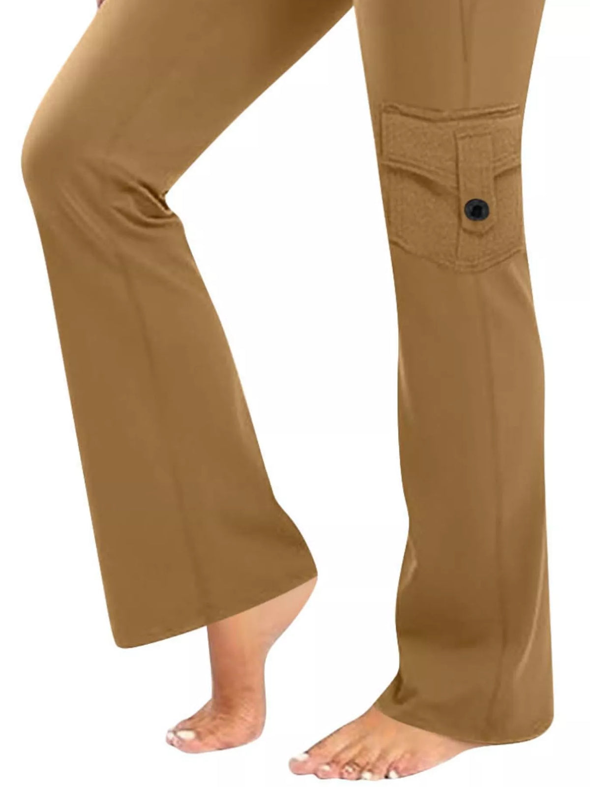 Model wearing brown high-waisted yoga pants with a relaxed straight-leg silhouette, visible stitched side pocket with button closure, and one bent leg.