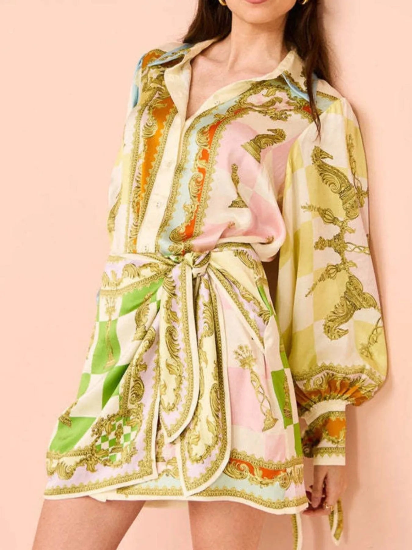 Printed Long Sleeve Mini Dress with Belt - Ruffled & Ruched.