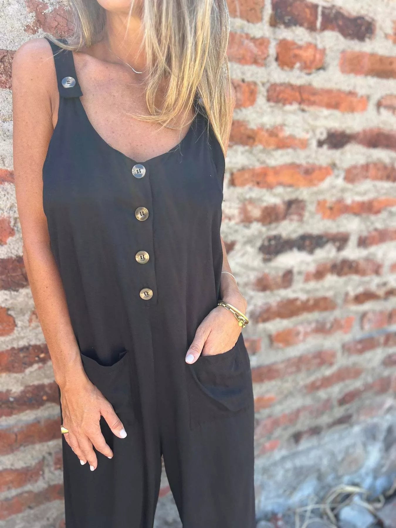 Plus Size Button-Front Wide Leg Jumpsuit with Pockets.