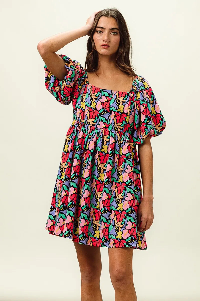 Floral Print Ruffled Hem Dress - Cutout & Tied.