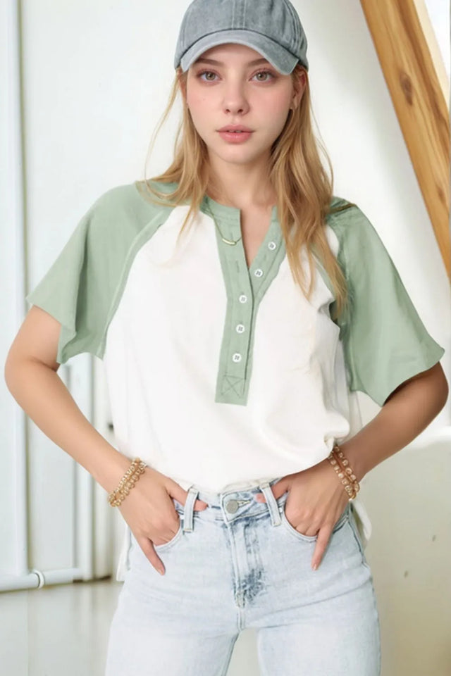 Color Block Raglan Short Sleeve Half Buttons High Low T Shirt