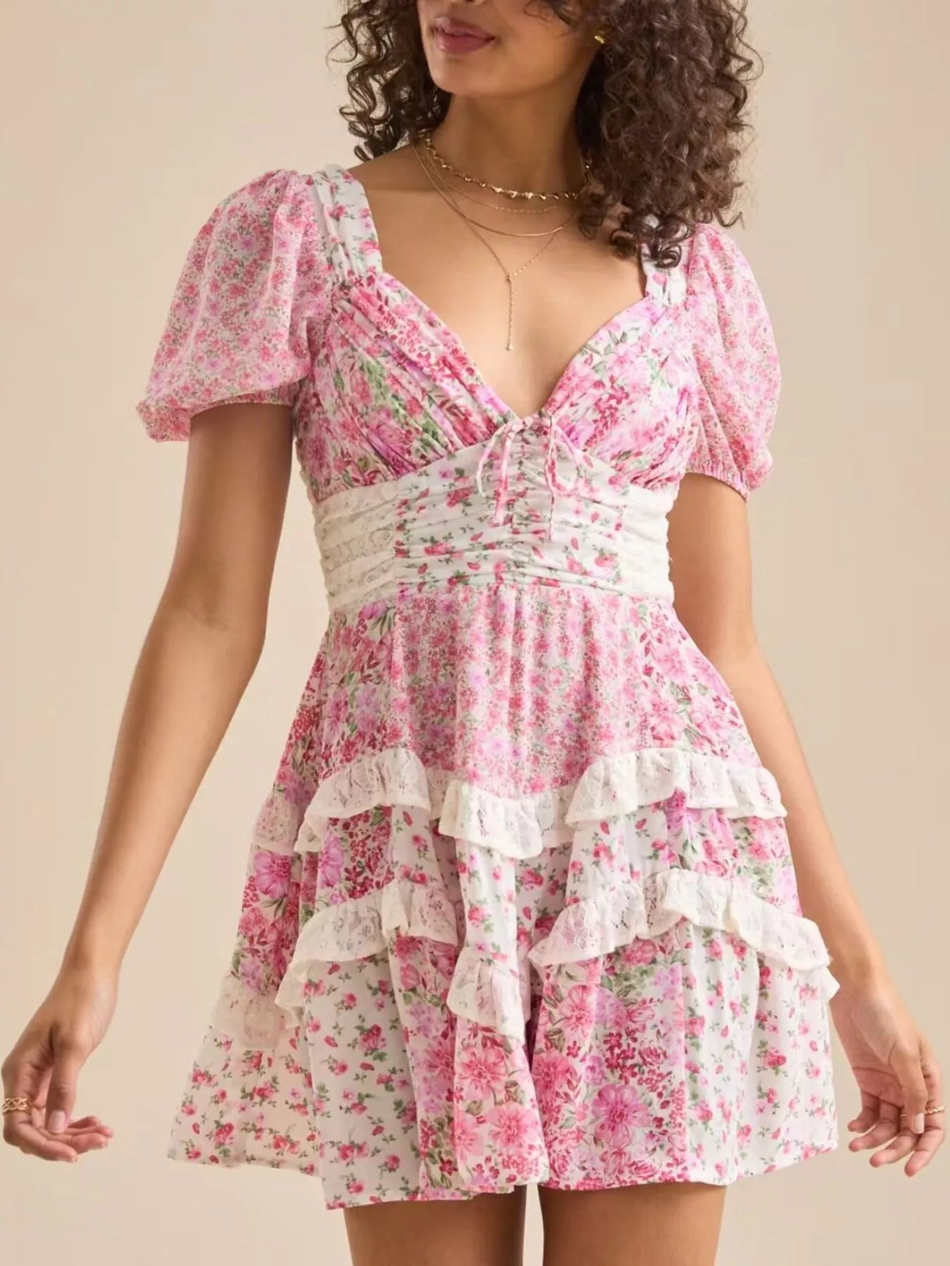 Floral Puff Sleeve V-Neck Mini Dress - Embroidered.