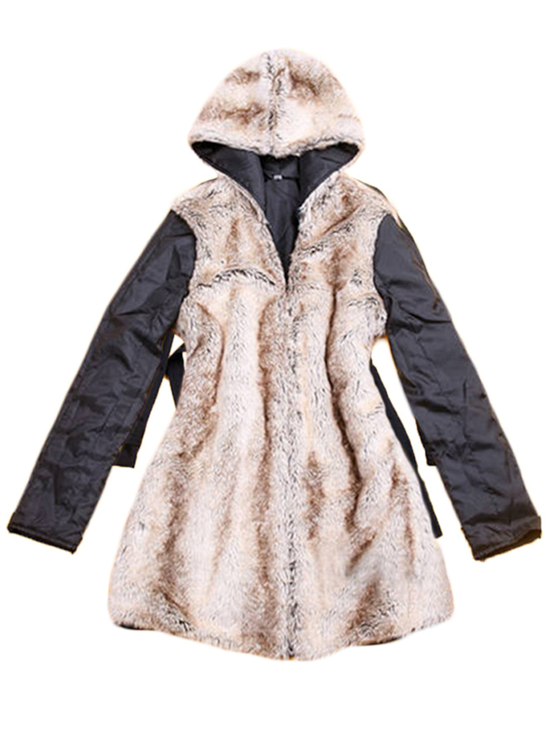 Hooded jacket with a beige textured body, contrasting black sleeves, front pockets, and a long relaxed silhouette with a layered detachable liner design.
