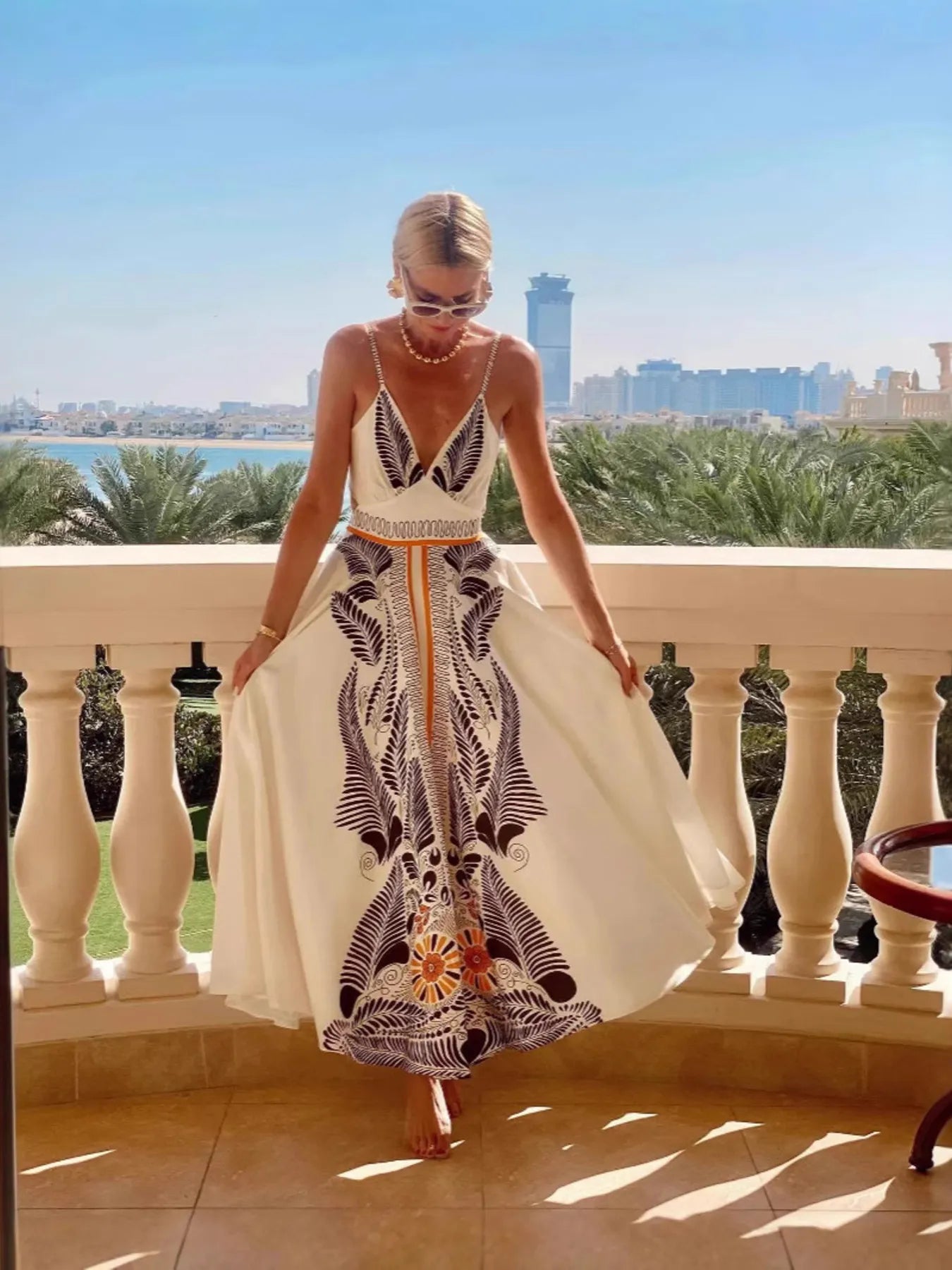 Printed V-Neck Kimono Sleeve Mini Dress - Oversized.