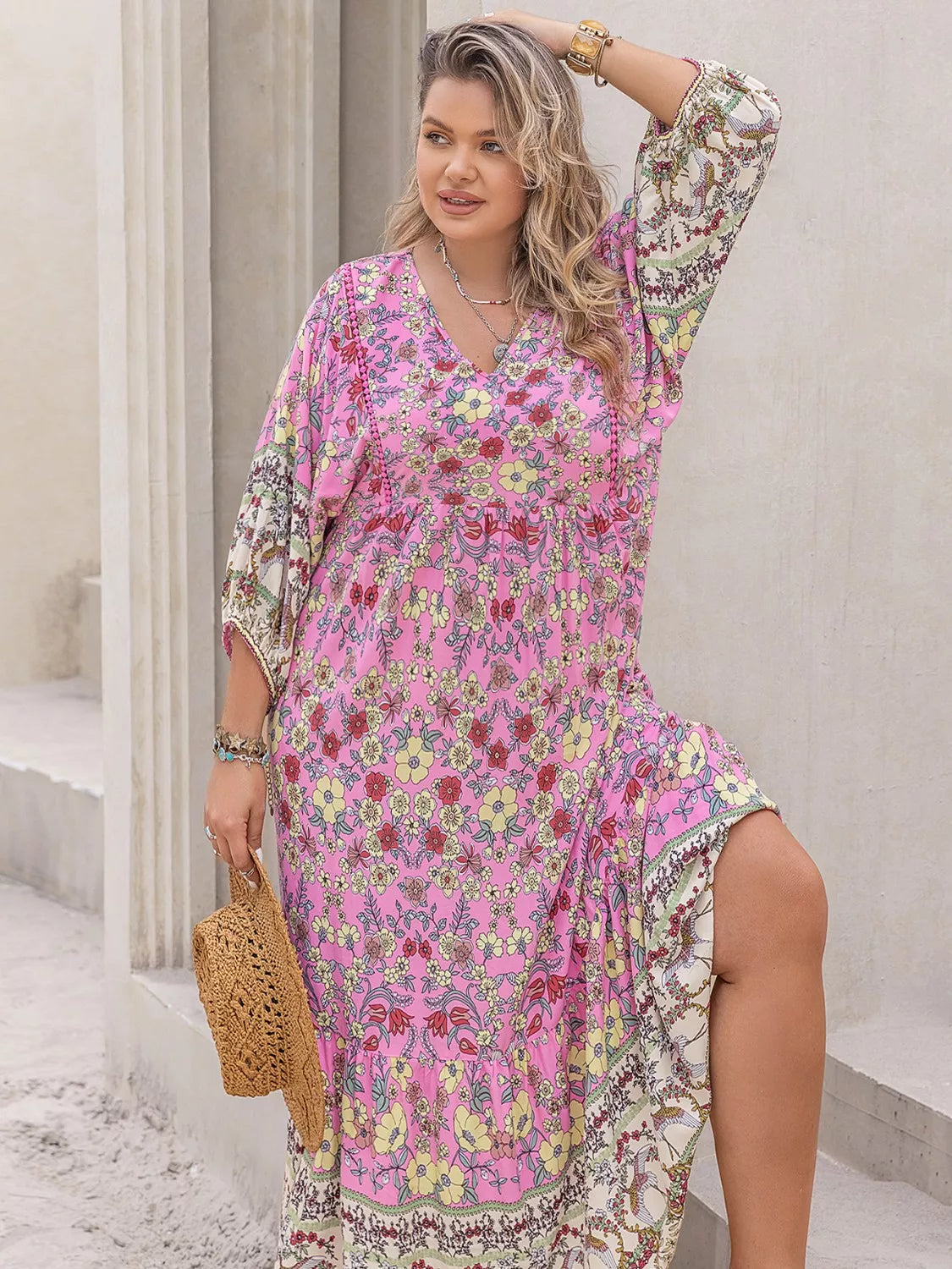 Plus Size Bohemian Floral Tiered Maxi Dress - Basic.