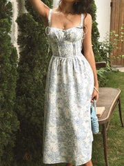 Floral Print Midi Cami Dress - Lace-Up & Ruched.