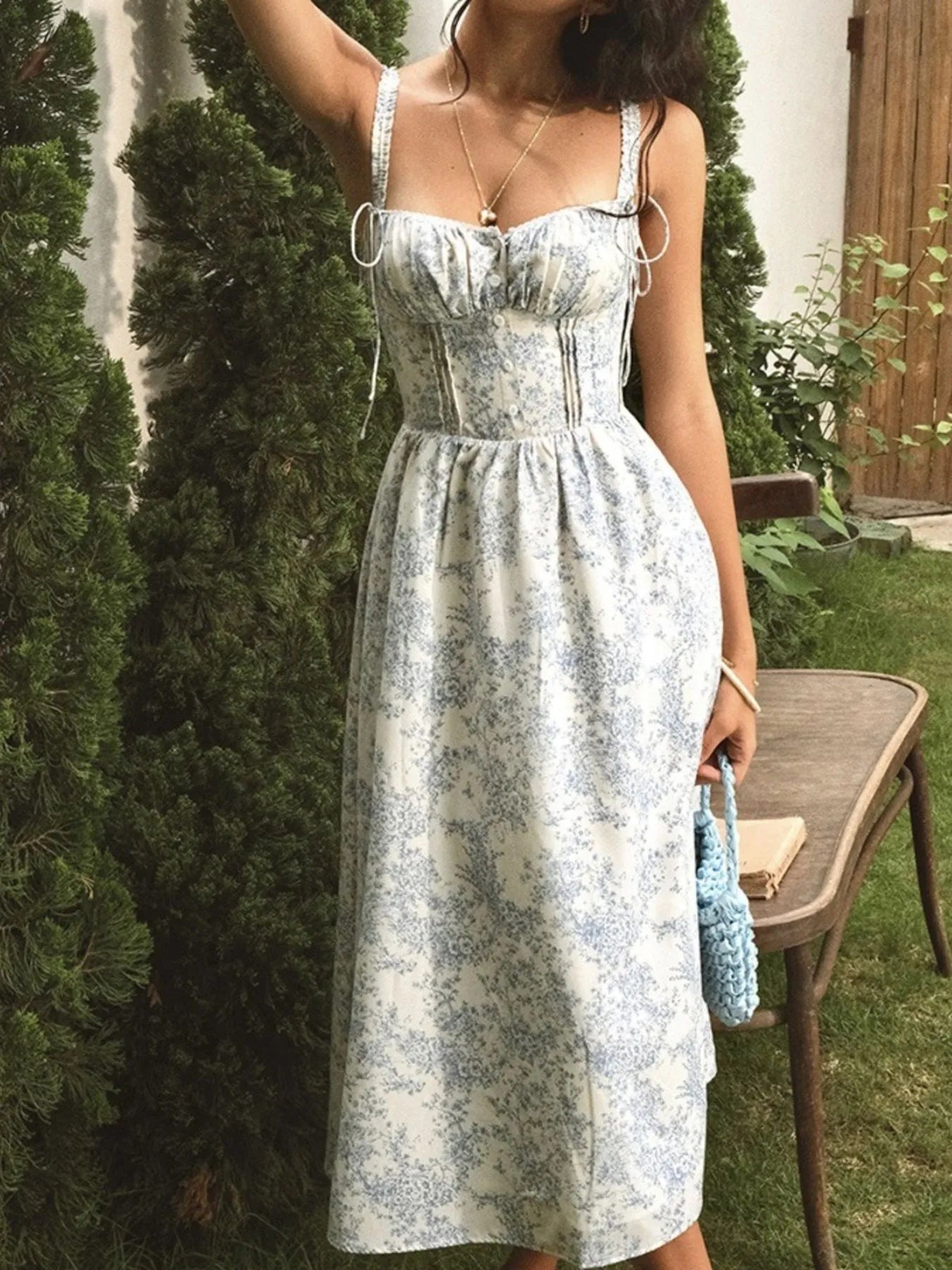 Floral Print Midi Cami Dress - Lace-Up & Ruched.