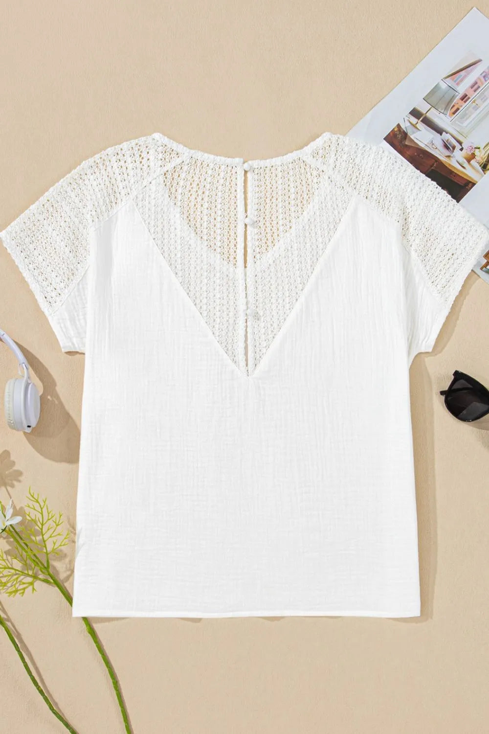 Lace Crochet Textured Button Back V Neck T Shirt