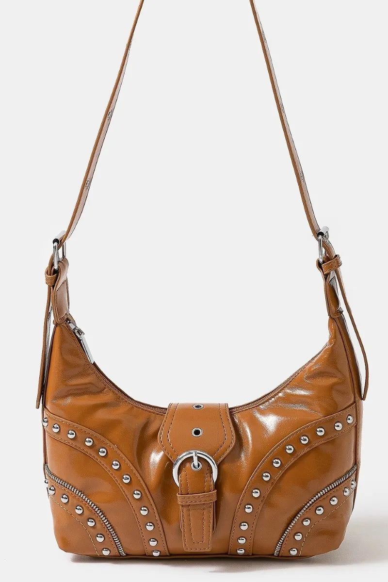 Faux Leather Studded Trim Shoulder Bag - Brown Western Style.