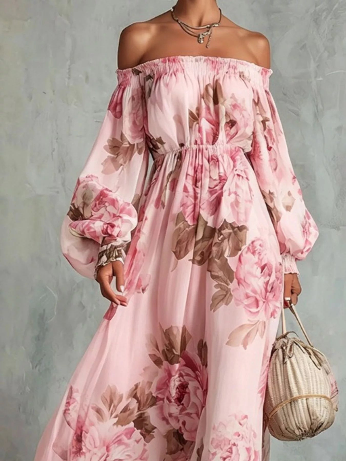 White floral off-shoulder maxi dress with smocked waist, ruffled details, and long flowy sleeves