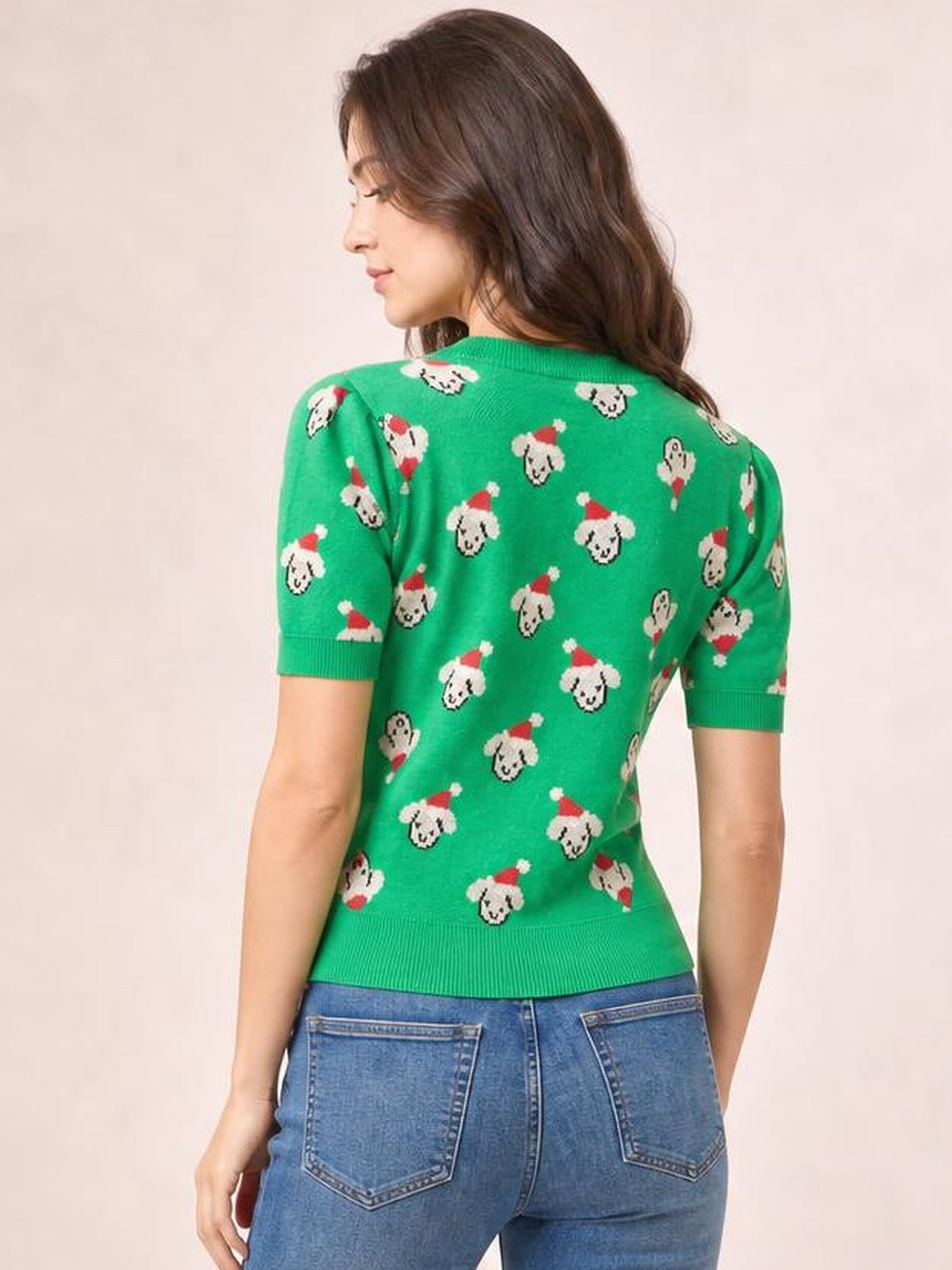 A model shown from behind wears a green Christmas sweater with an abstract Santa dog pattern, round neck, short sleeves, ribbed cuffs and hem, and a fitted silhouette.