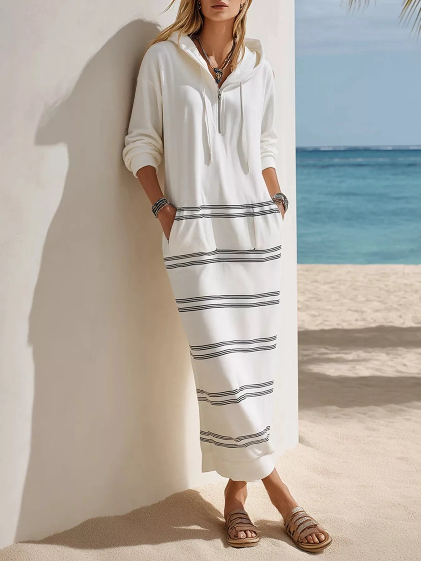 Striped hooded maxi dress with drawstring, pockets, zipper, and long sleeves in multiple colors