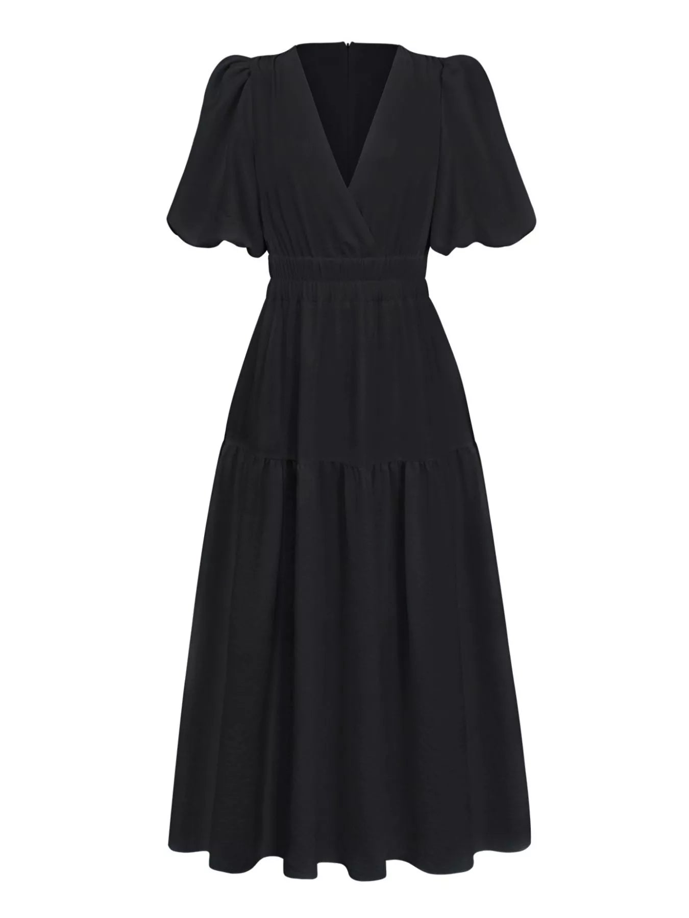 Cream tiered midi dress with a V-neck, smocked waist, and short puff sleeves