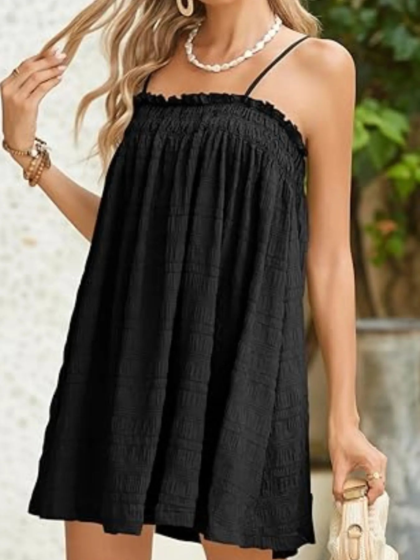 Frill Tiered Tie Shoulder Mini Dress - Lined.