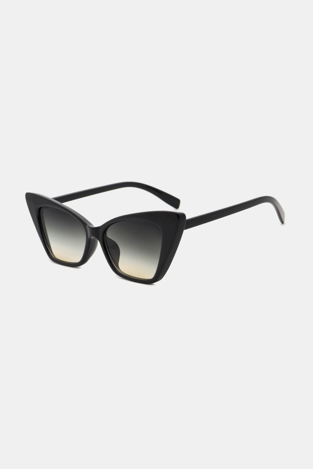 Black cat-eye sunglasses feature sculpted upswept polycarbonate frames, dark acetate gradient lenses, and slim curved temples for a polished retro silhouette.