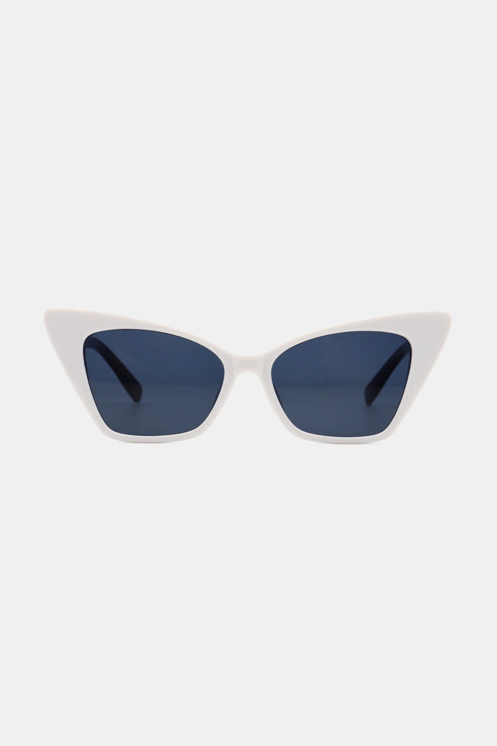 White cat-eye sunglasses feature upswept sculpted frames, dark blue acetate lenses, and slim polycarbonate temples for a polished retro silhouette.