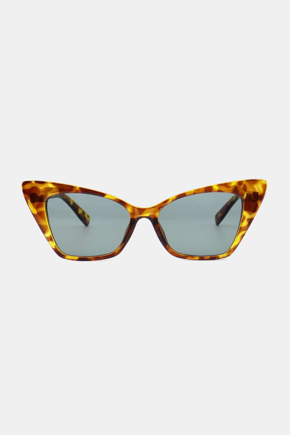 Tortoiseshell cat-eye sunglasses feature upswept sculpted polycarbonate frames, gray-tinted acetate lenses, and sturdy temples for a polished retro silhouette.