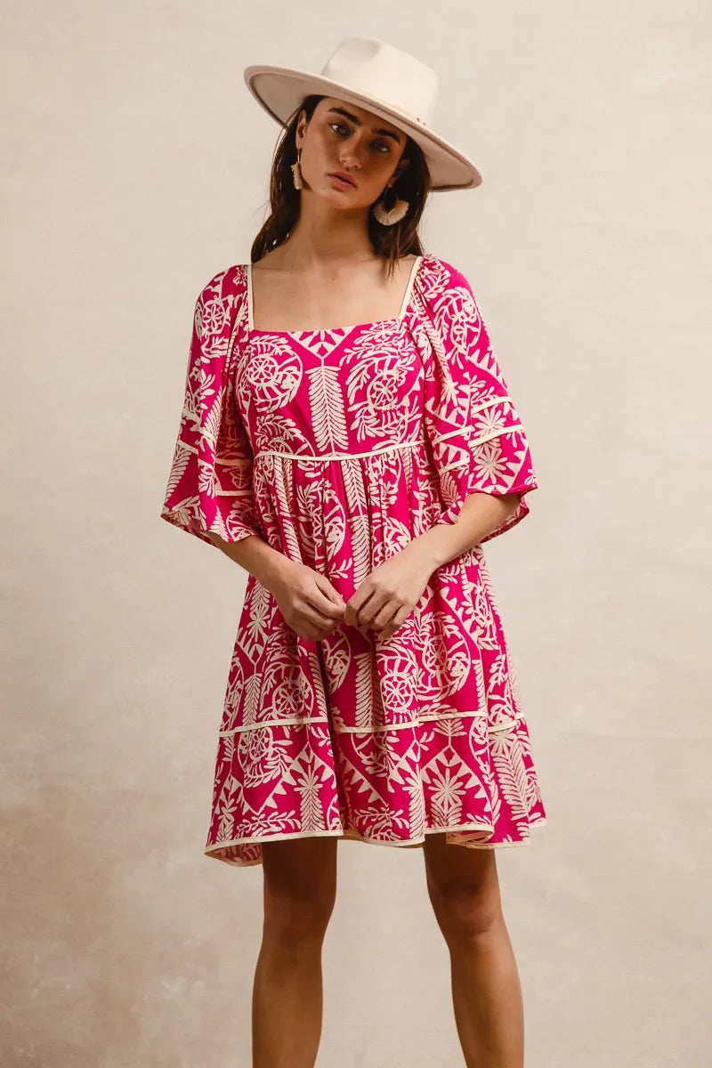 Aztec Woven Printed Contrast Binding Dress - Smocked & Tied.